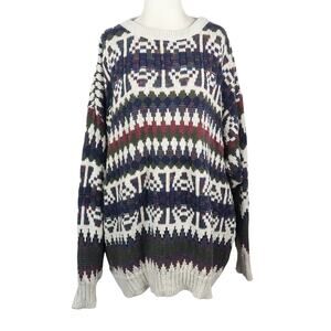 Vintage 90s Gant Salty Dog Cream Navy blue Geometric Sweater Mens 3X